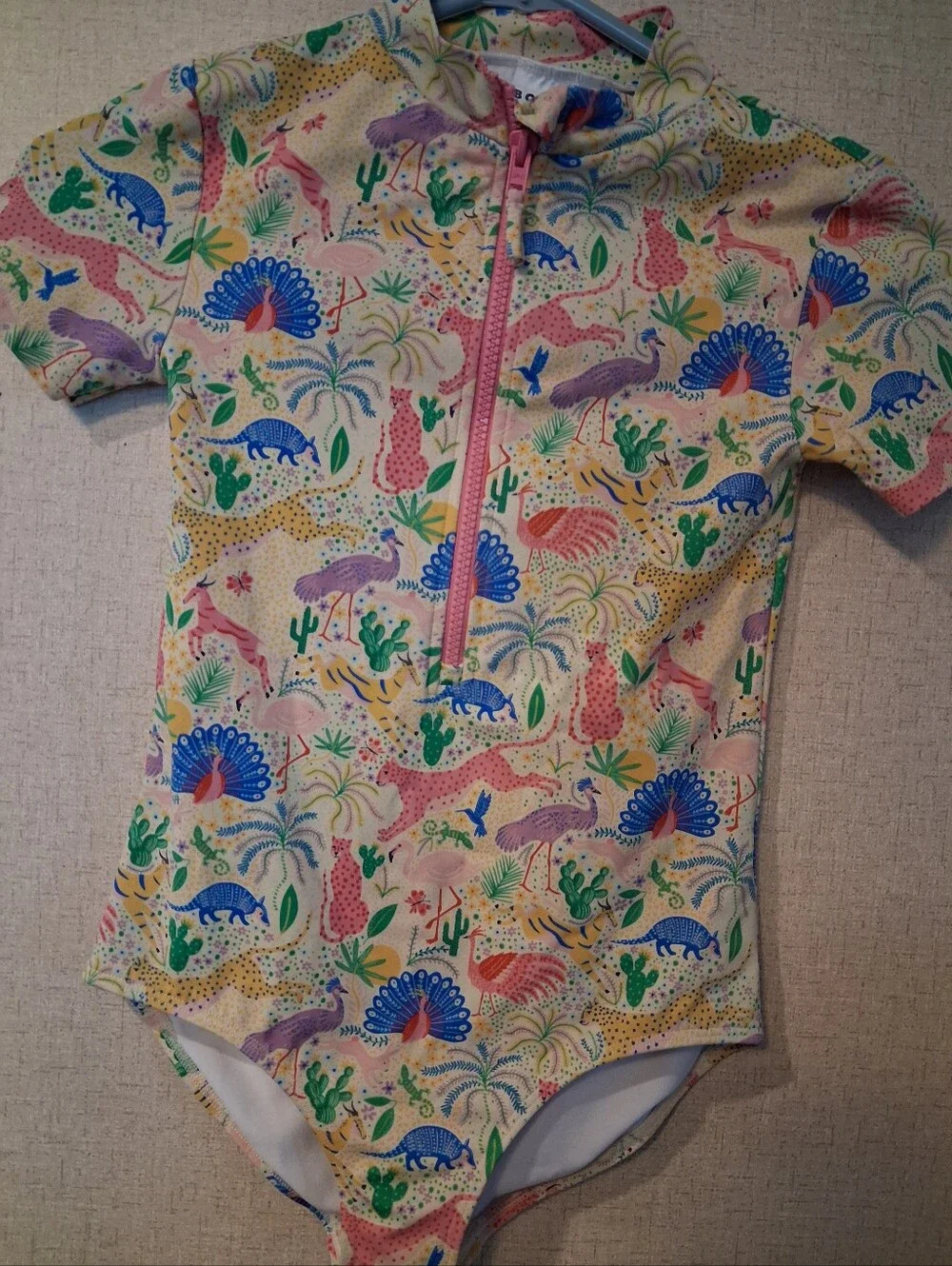 Boden Kids One-Piece Rash Guard Swimsuit - Cream with Blue, Pink & Green Print